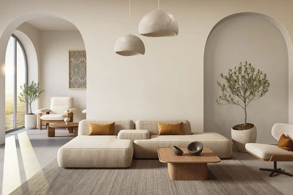 Intérieur d'une maison Ozy aux couleurs pastel claires, avec parquet et murs voûté.