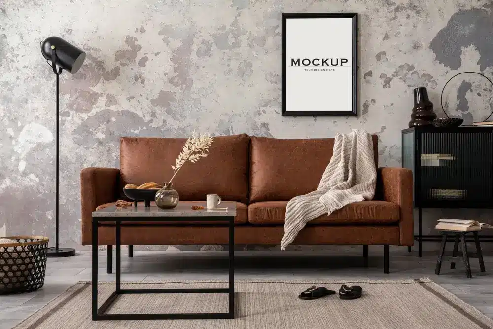 Appartement de style loft industriel avec une affiche décorative, un canapé marron, une commode à rayures noires, une table basse, un tapis gris et une lampe.