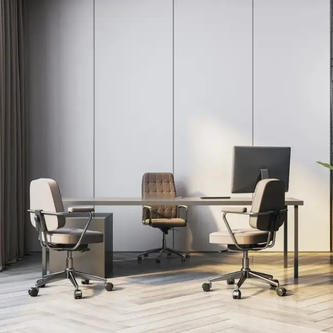 Intérieur de bureau contemporain avec bureau, chaises et ordinateur, design moderne et luxueux, parquet en bois, vue sur la ville par la fenêtre.