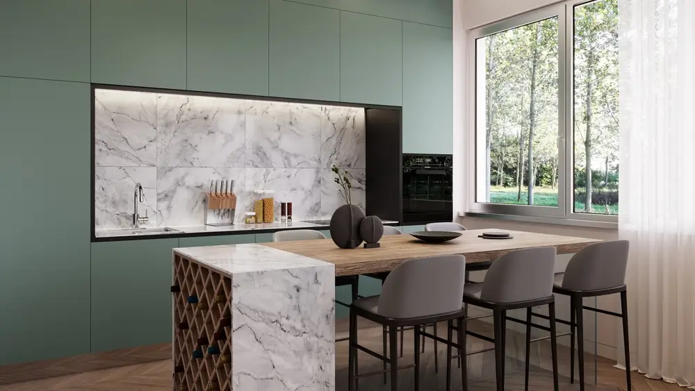 Conception moderne d'intérieur de cuisine verte.