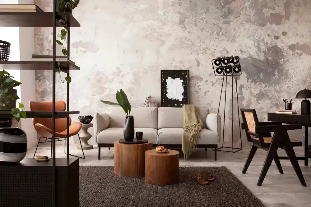 L'élégante composition du salon intérieur avec canapé gris design, table basse en bois, bureau et accessoires personnels élégants.